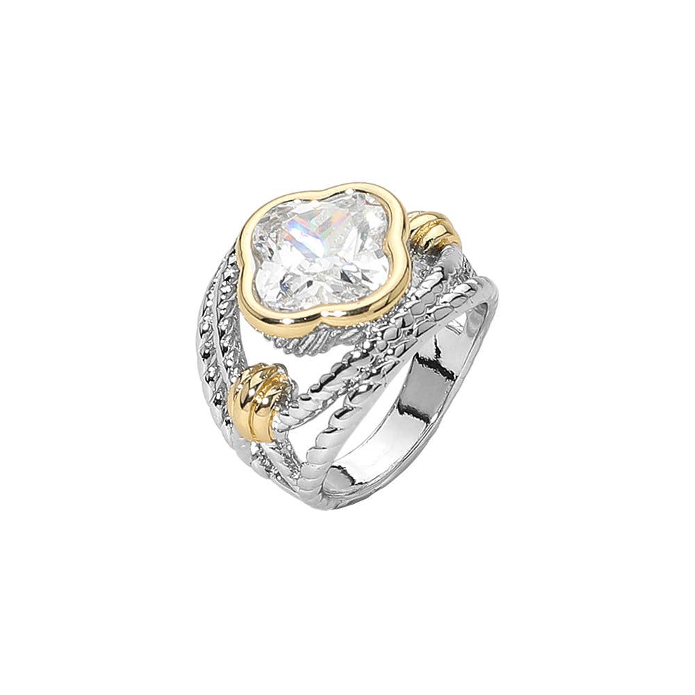 Two Tone CZ Quatrefoil Stone Accent Ring