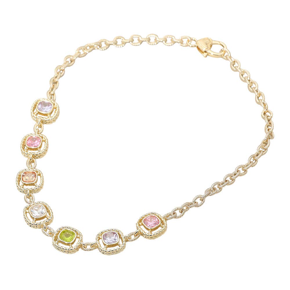 14K Gold Plated Multi Color Square CZ Stone Cushion Link Necklace