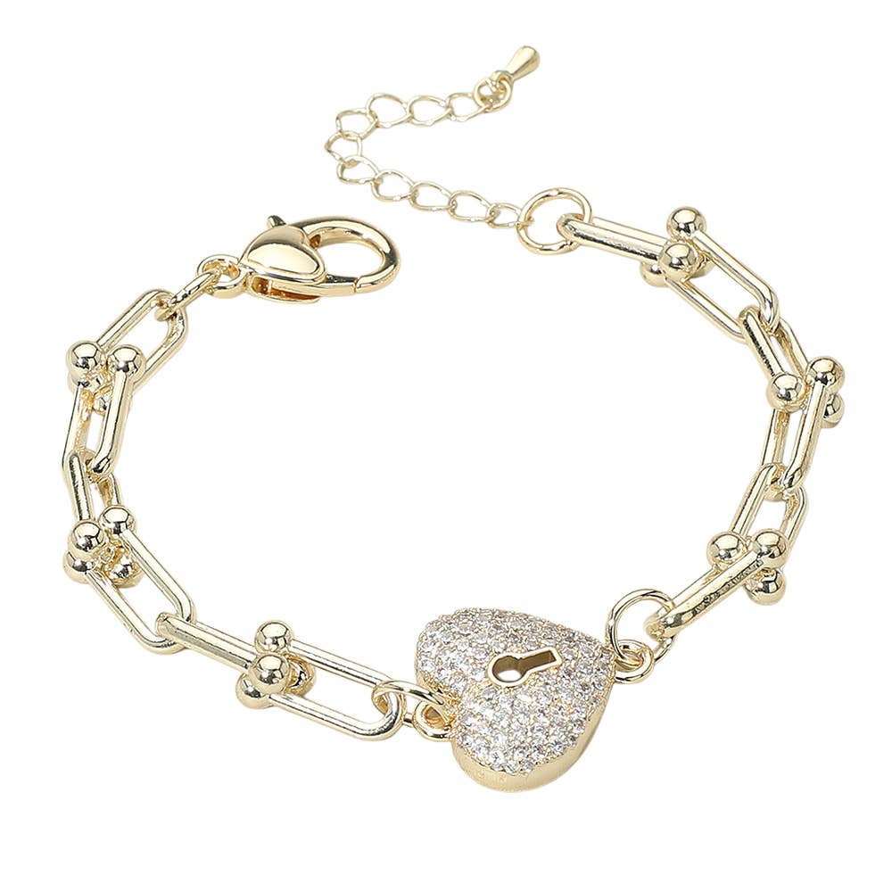 14K Gold Plated CZ Stone Paved Heart Lock Charm Accent Chunky Industrial Chain Link Bracelet