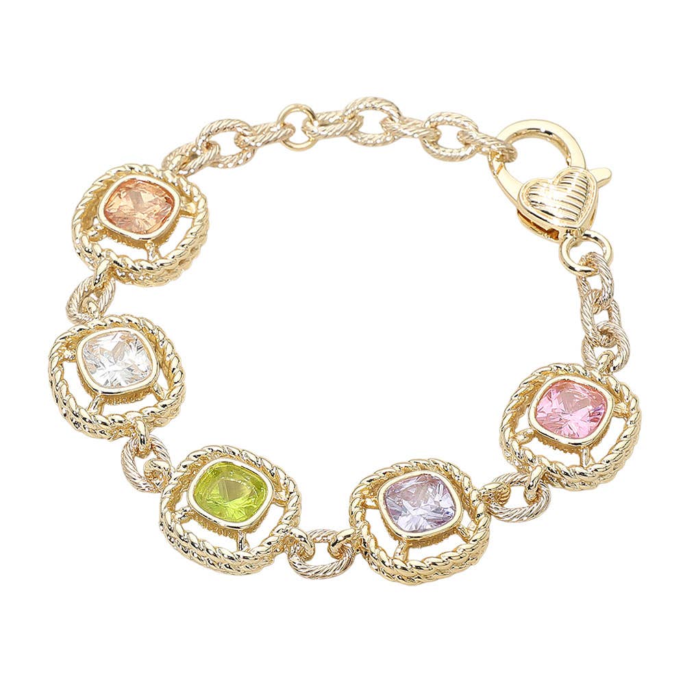 14K Gold Plated Multi Color Square CZ Stone Cushion Link Bracelet