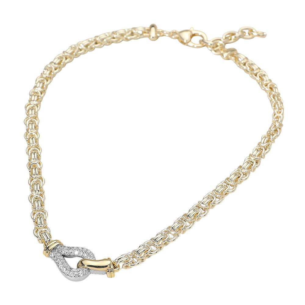 14K Gold Plated Two Tone CZ Stone Paved Loop Accent Abstract Chain Necklace