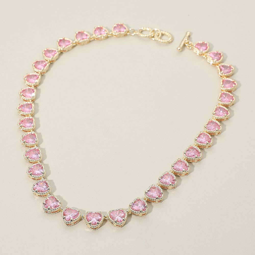 14K Gold Plated CZ Heart Stone Cluster Link Toggle Necklace