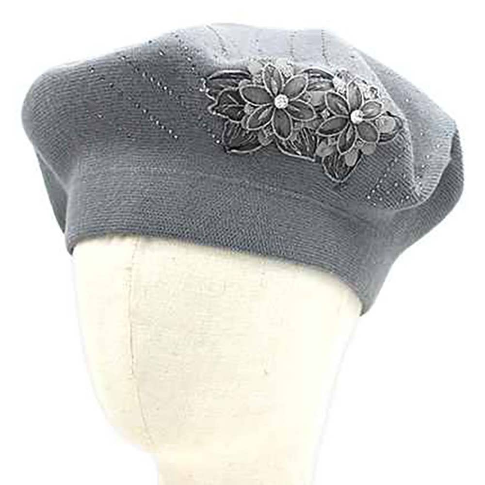Floral Applique Accent Winter Beret Hat