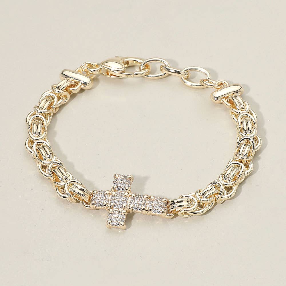 14K Gold Plated CZ Stone Paved Cross Accent Abstract Chain Bracelet