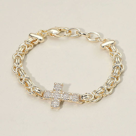 14K Gold Plated CZ Stone Paved Cross Accent Abstract Chain Bracelet