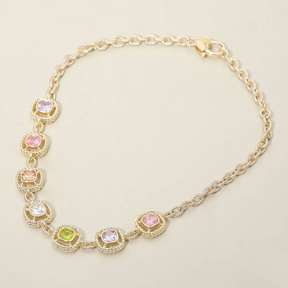 14K Gold Plated Multi Color Square CZ Stone Cushion Link Necklace