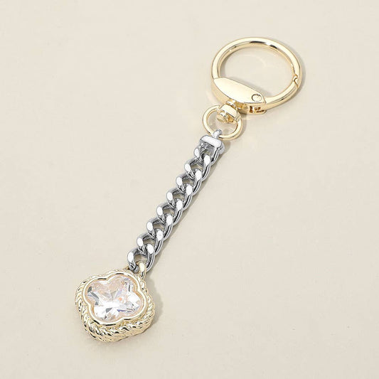 14K Gold Plated Two Tone CZ Stone Quatrefoil Charm Drop Keychain Bag Charm