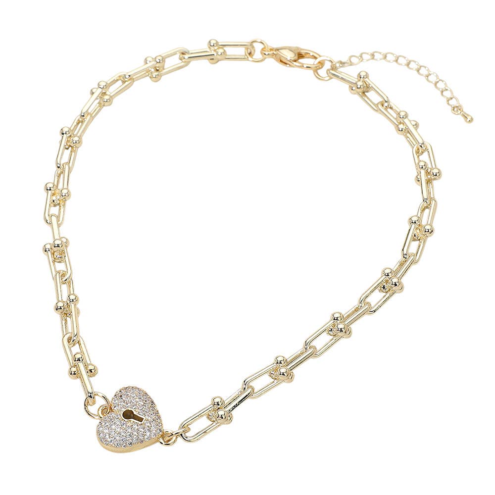 14K Gold Plated CZ Stone Paved Heart Lock Pendant Industrial Chain Link Necklace