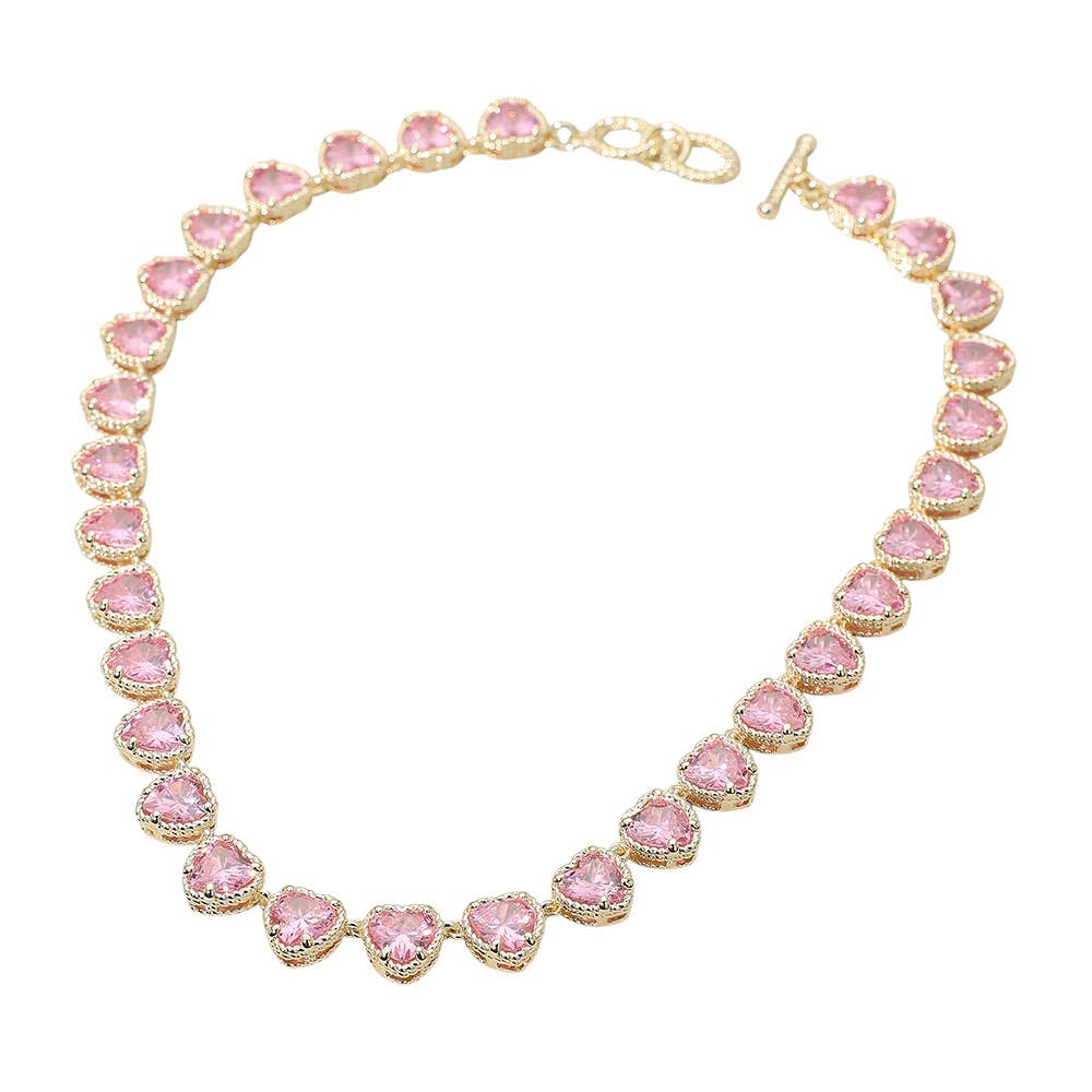 14K Gold Plated CZ Heart Stone Cluster Link Toggle Necklace