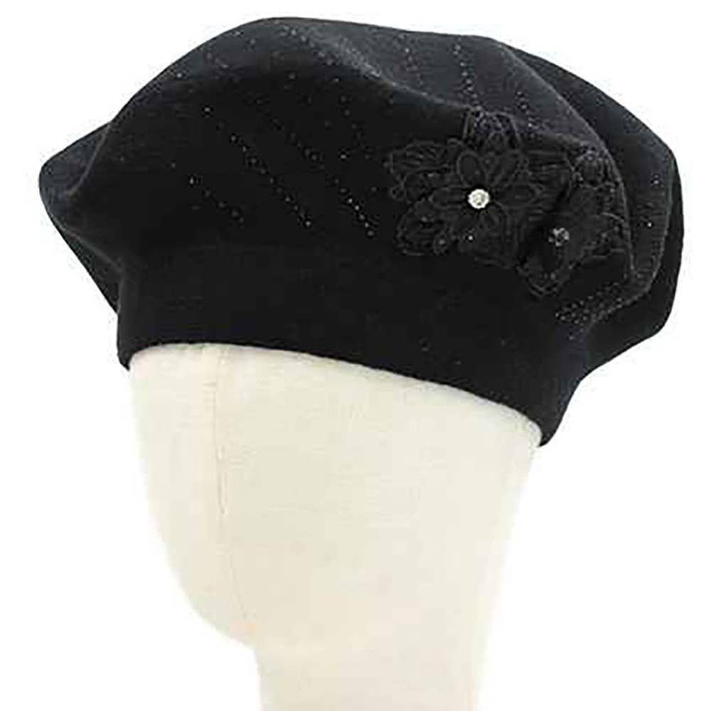 Floral Applique Accent Winter Beret Hat