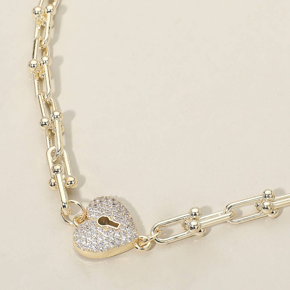 14K Gold Plated CZ Stone Paved Heart Lock Pendant Industrial Chain Link Necklace