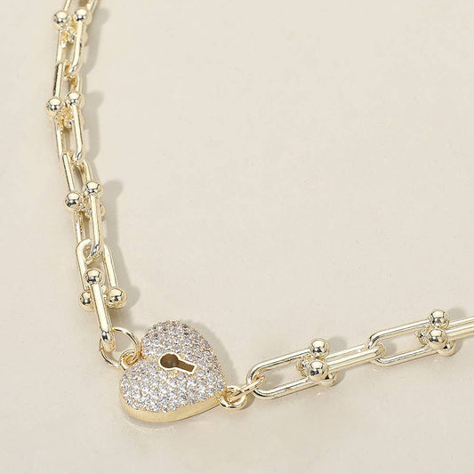 14K Gold Plated CZ Stone Paved Heart Lock Pendant Industrial Chain Link Necklace