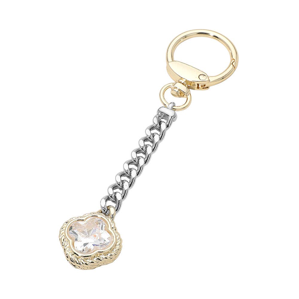 14K Gold Plated Two Tone CZ Stone Quatrefoil Charm Drop Keychain Bag Charm