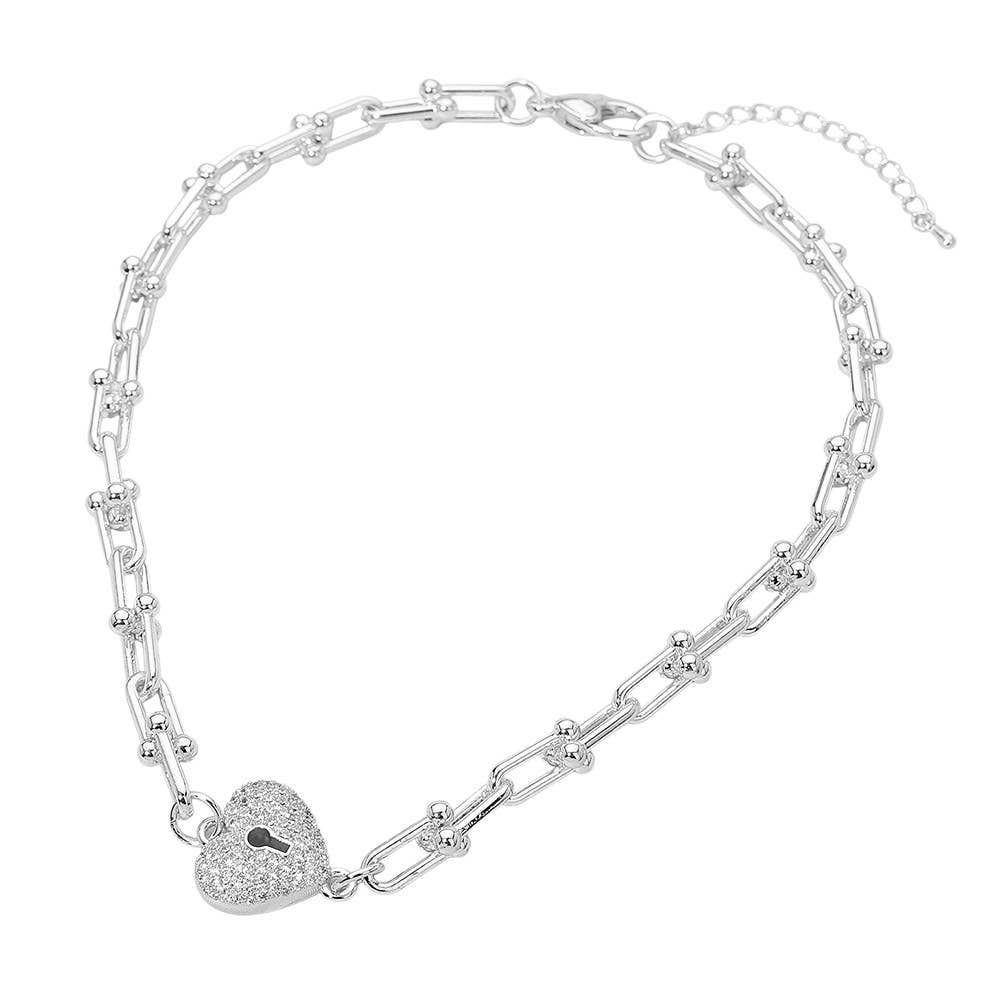 14K Gold Plated CZ Stone Paved Heart Lock Pendant Industrial Chain Link Necklace