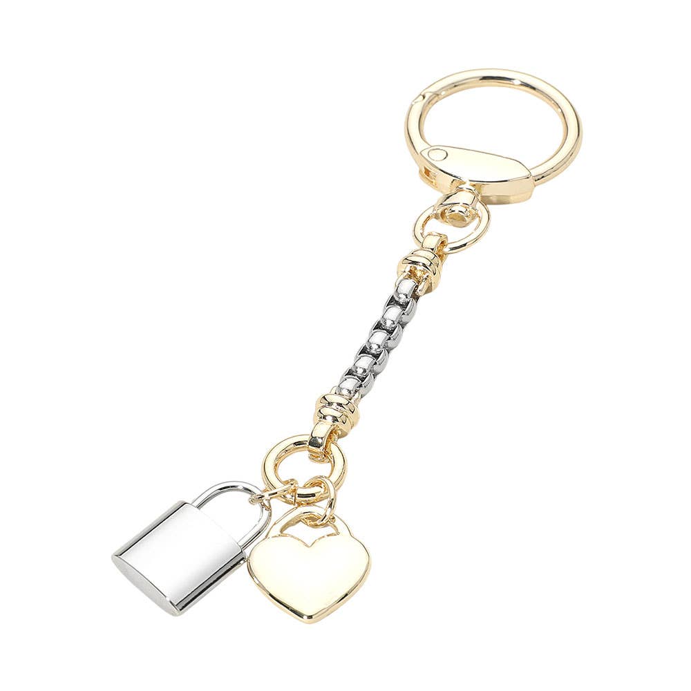 14K Gold Plated Two Tone Heart Padlock Charm Keychain Bag Charm