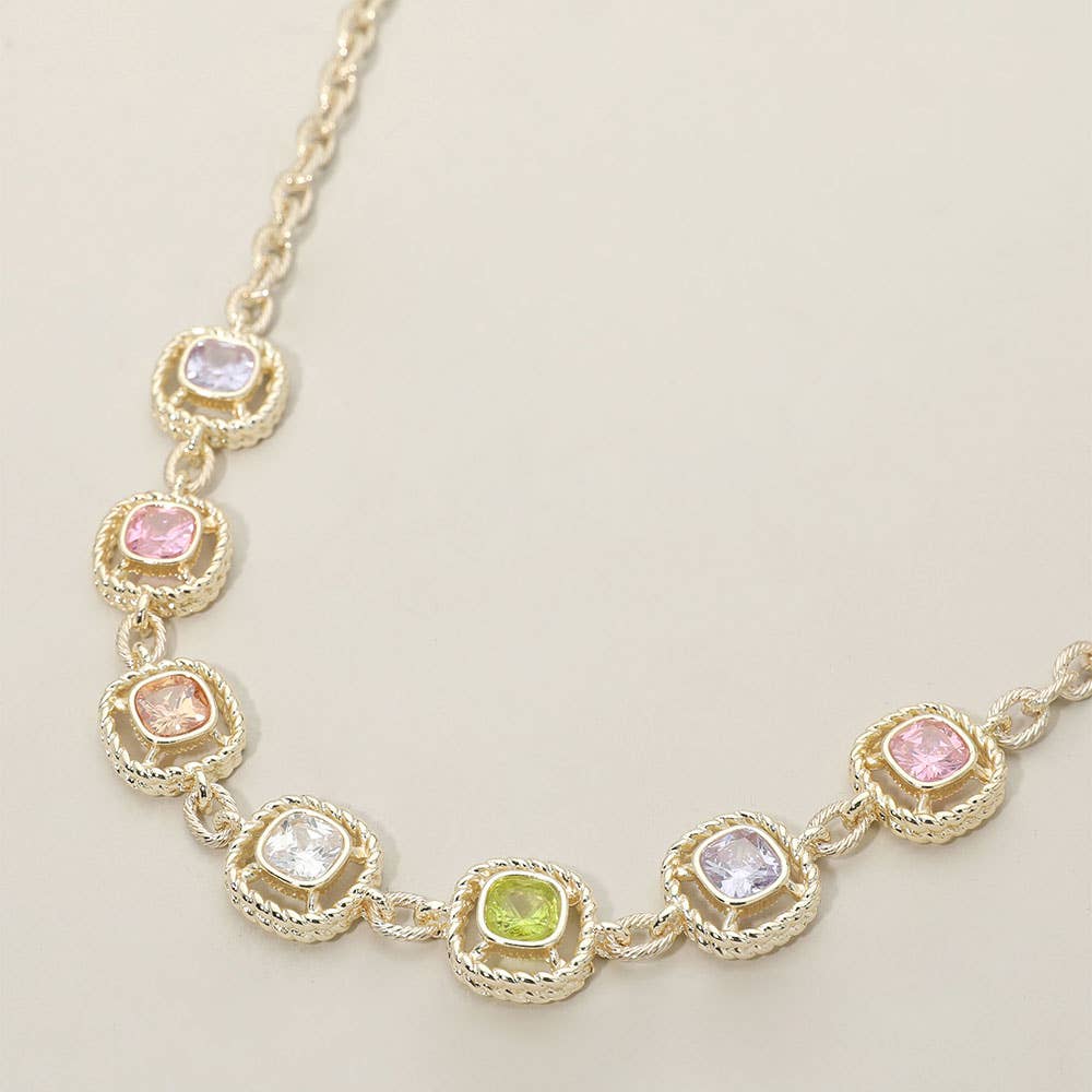 14K Gold Plated Multi Color Square CZ Stone Cushion Link Necklace