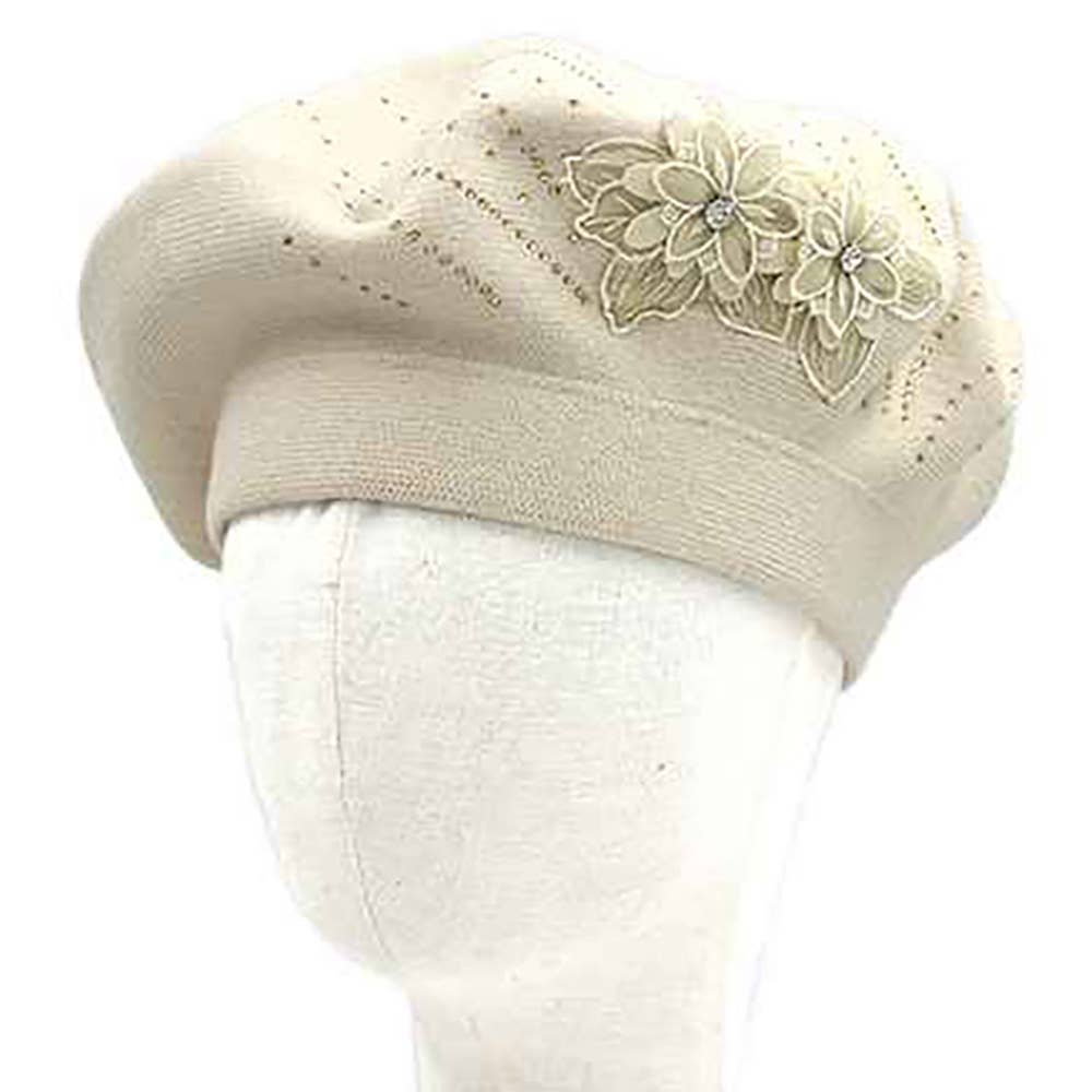 Floral Applique Accent Winter Beret Hat