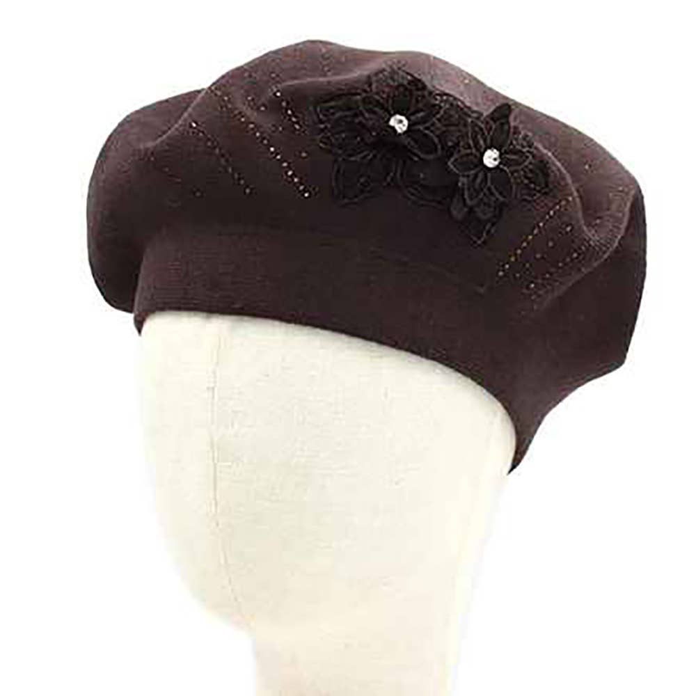 Floral Applique Accent Winter Beret Hat