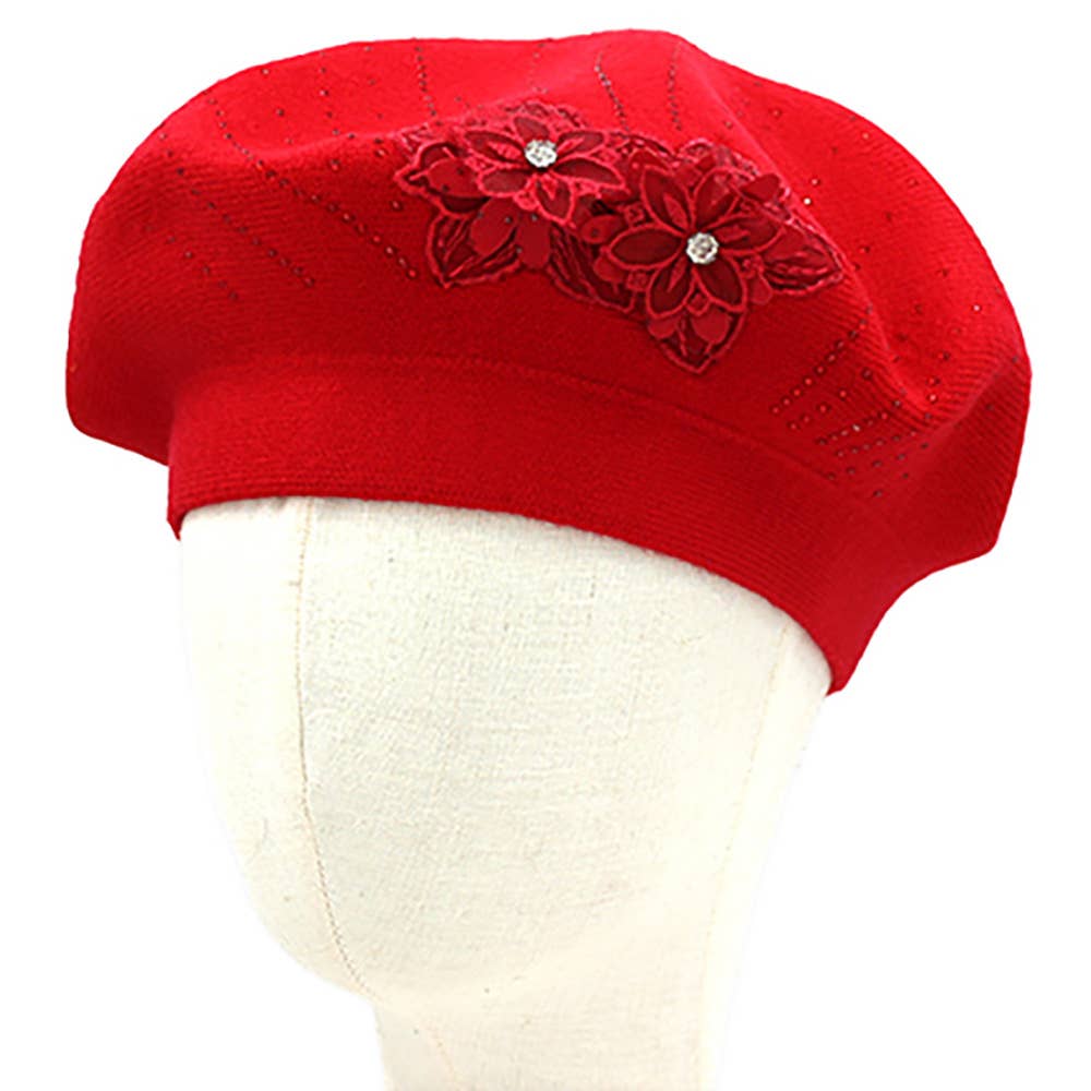 Floral Applique Accent Winter Beret Hat