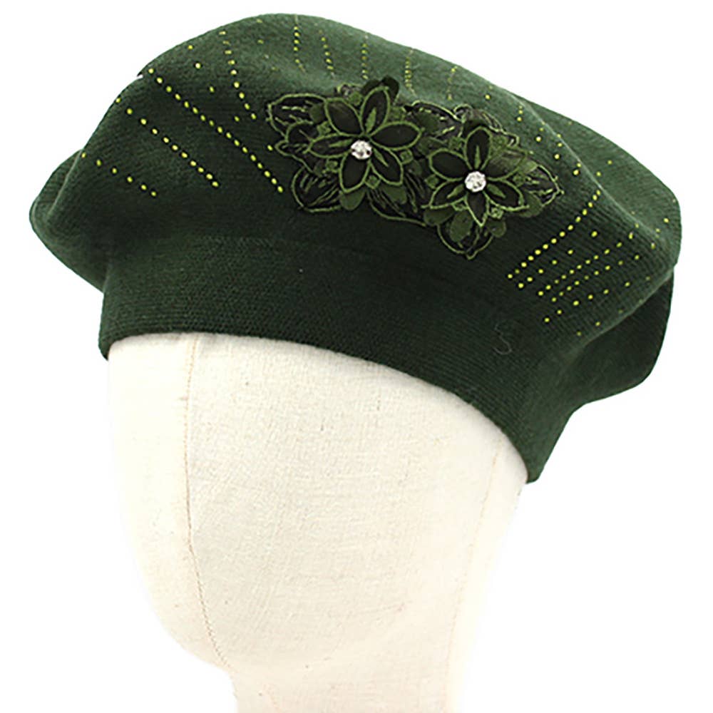 Floral Applique Accent Winter Beret Hat