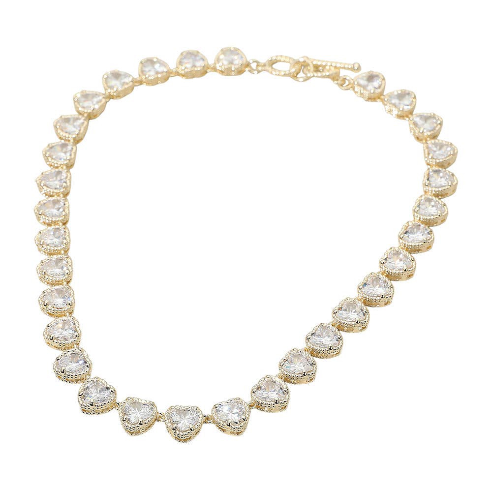 14K Gold Plated CZ Heart Stone Cluster Link Toggle Necklace