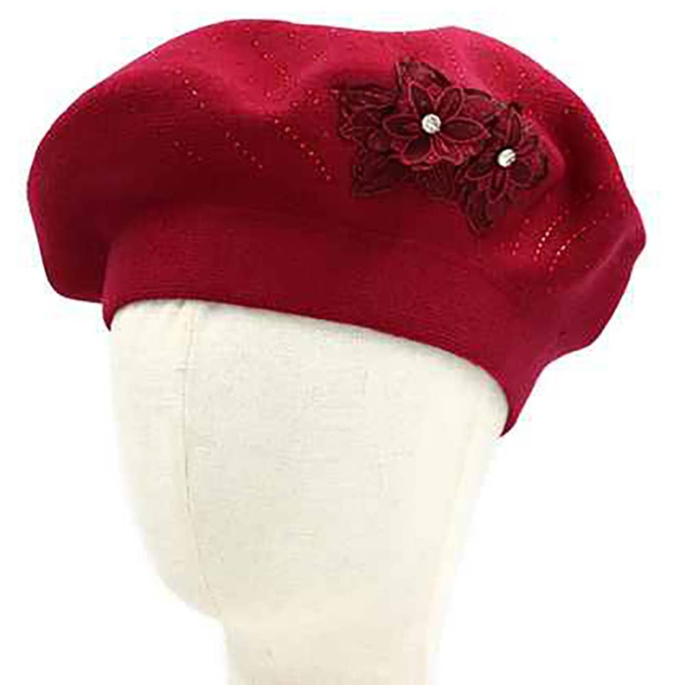 Floral Applique Accent Winter Beret Hat