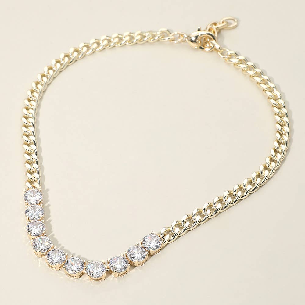 14K Gold Plated Round-Cut Solitaire CZ Stone Link Necklace
