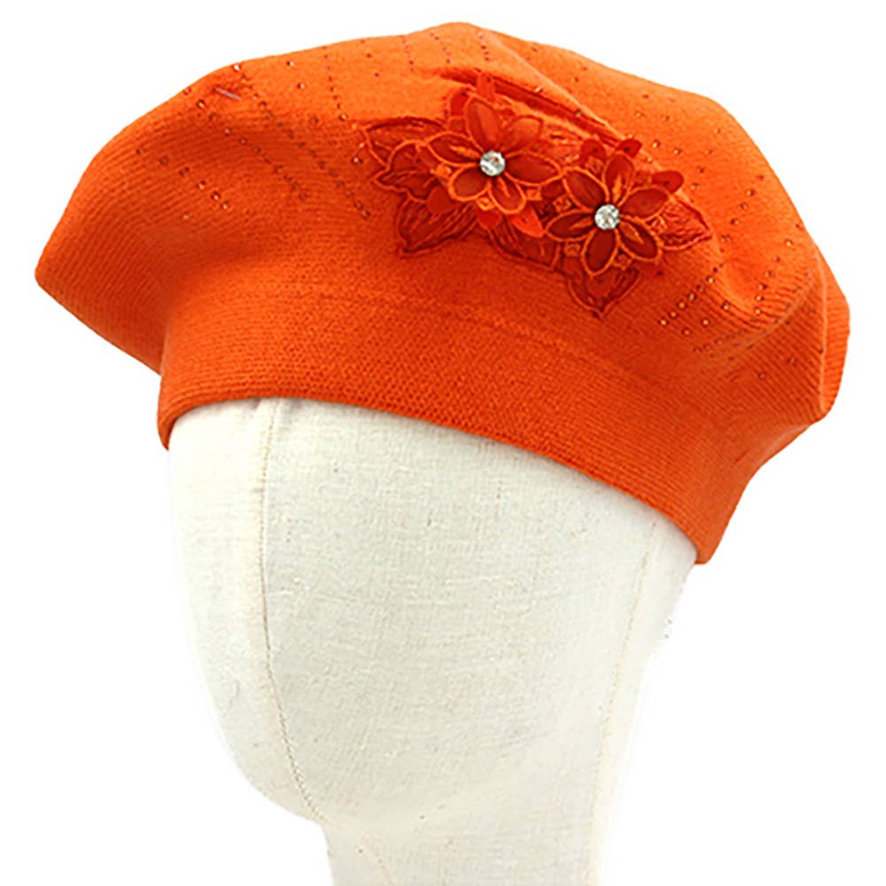 Floral Applique Accent Winter Beret Hat