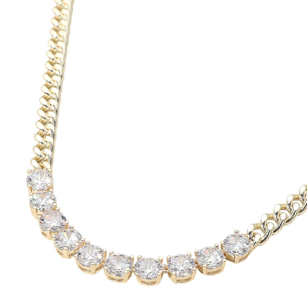14K Gold Plated Round-Cut Solitaire CZ Stone Link Necklace