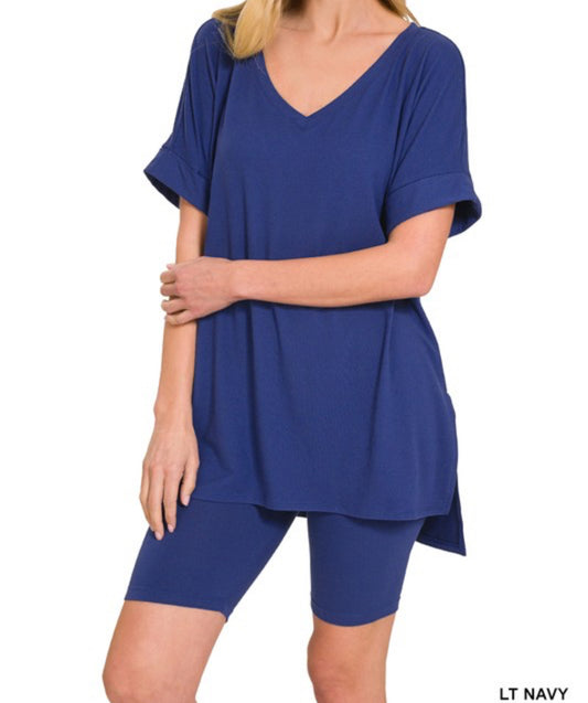 Zenana 2 piece short set (LT NAVY)