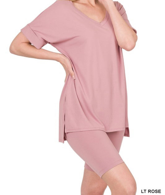 Zenana 2 piece short set (LT ROSE)