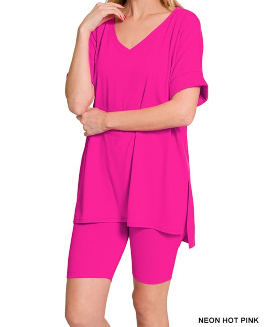 Zenana 2 piece short sets (NEON PINK)