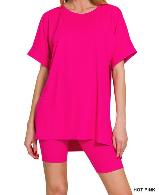 Zenana 2-piece short set crew neck (Hot Pink)