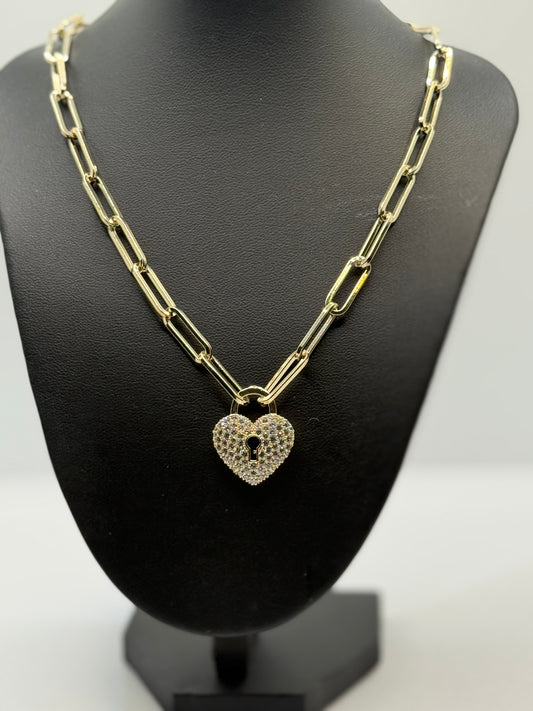 Blinged Locked Heart on Paperclip Necklaces