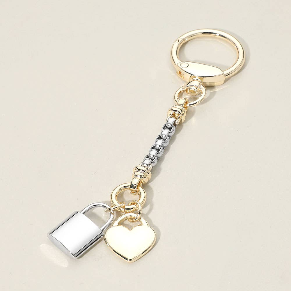 14K Gold Plated Two Tone Heart Padlock Charm Keychain Bag Charm