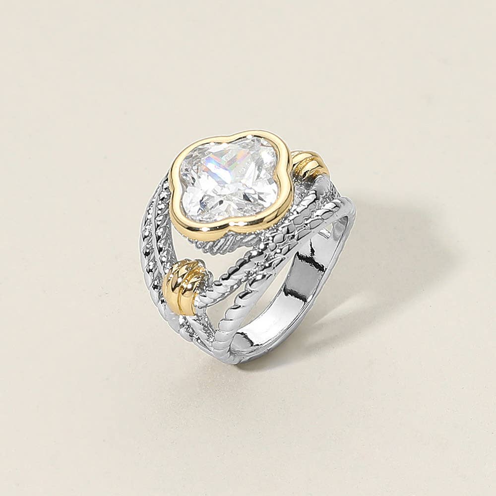 Two Tone CZ Quatrefoil Stone Accent Ring