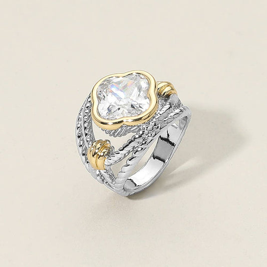 Two Tone CZ Quatrefoil Stone Accent Ring