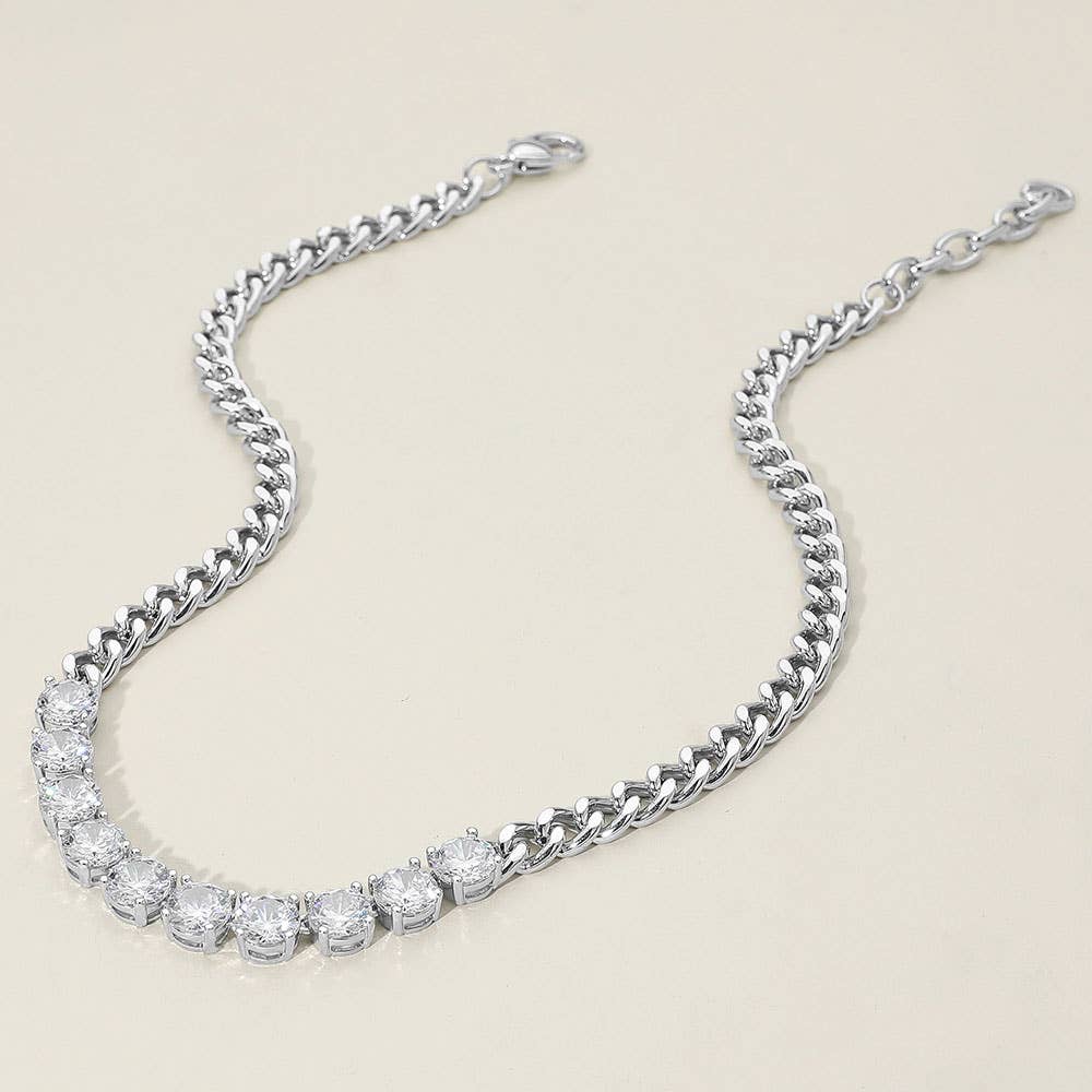 14K Gold Plated Round-Cut Solitaire CZ Stone Link Necklace