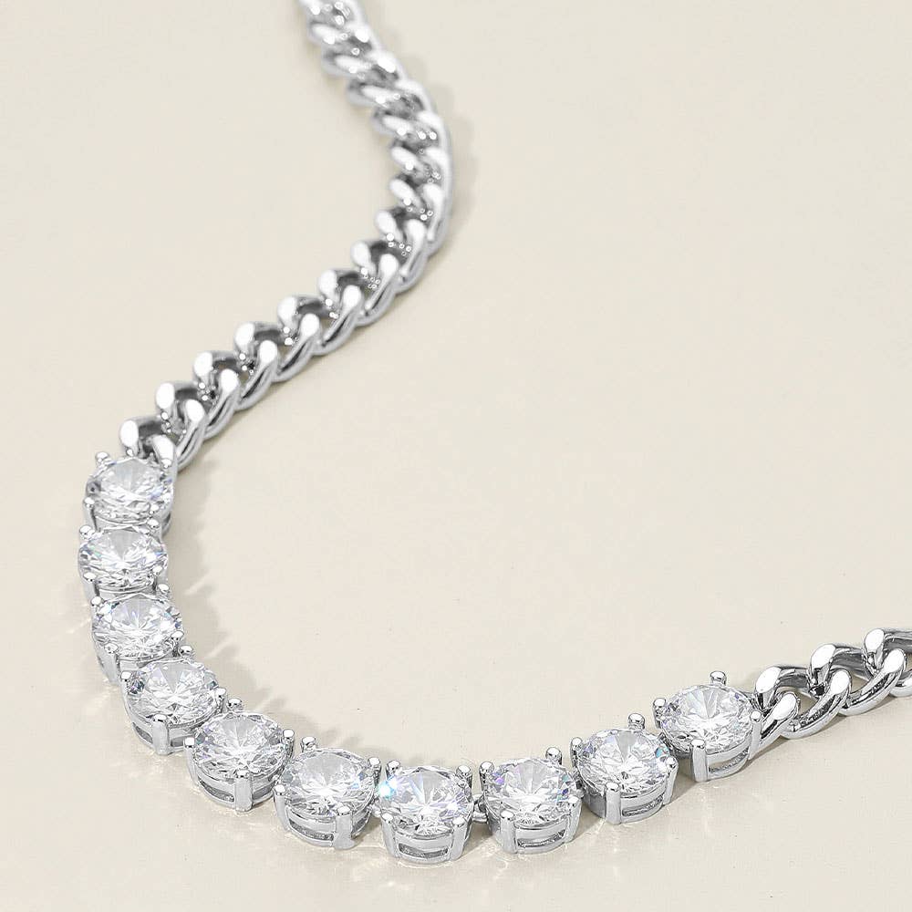 14K Gold Plated Round-Cut Solitaire CZ Stone Link Necklace