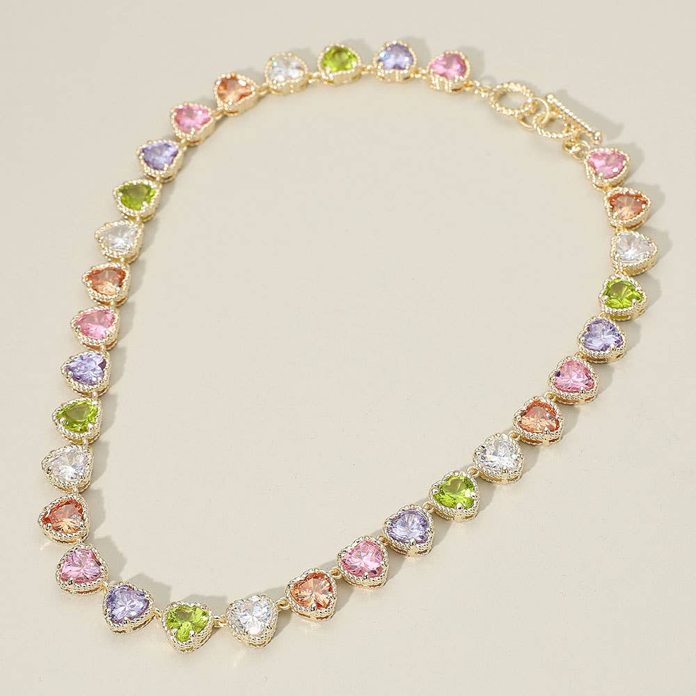 14K Gold Plated CZ Heart Stone Cluster Link Toggle Necklace