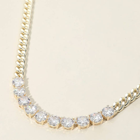 14K Gold Plated Round-Cut Solitaire CZ Stone Link Necklace