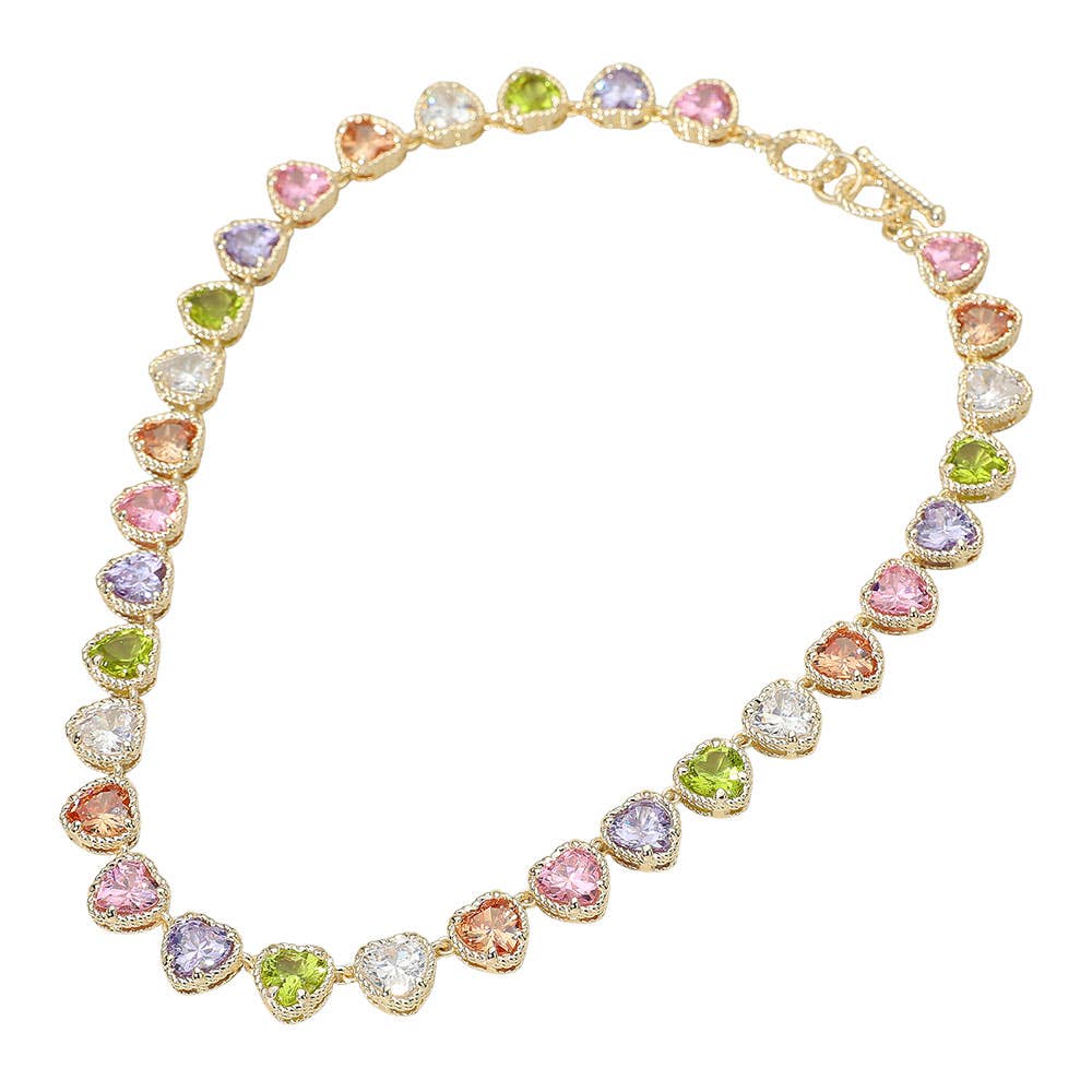 14K Gold Plated CZ Heart Stone Cluster Link Toggle Necklace
