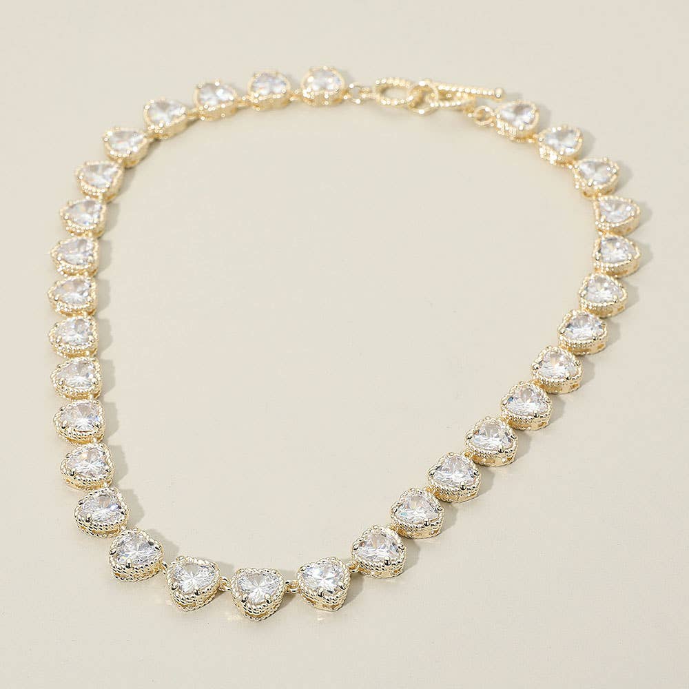 14K Gold Plated CZ Heart Stone Cluster Link Toggle Necklace