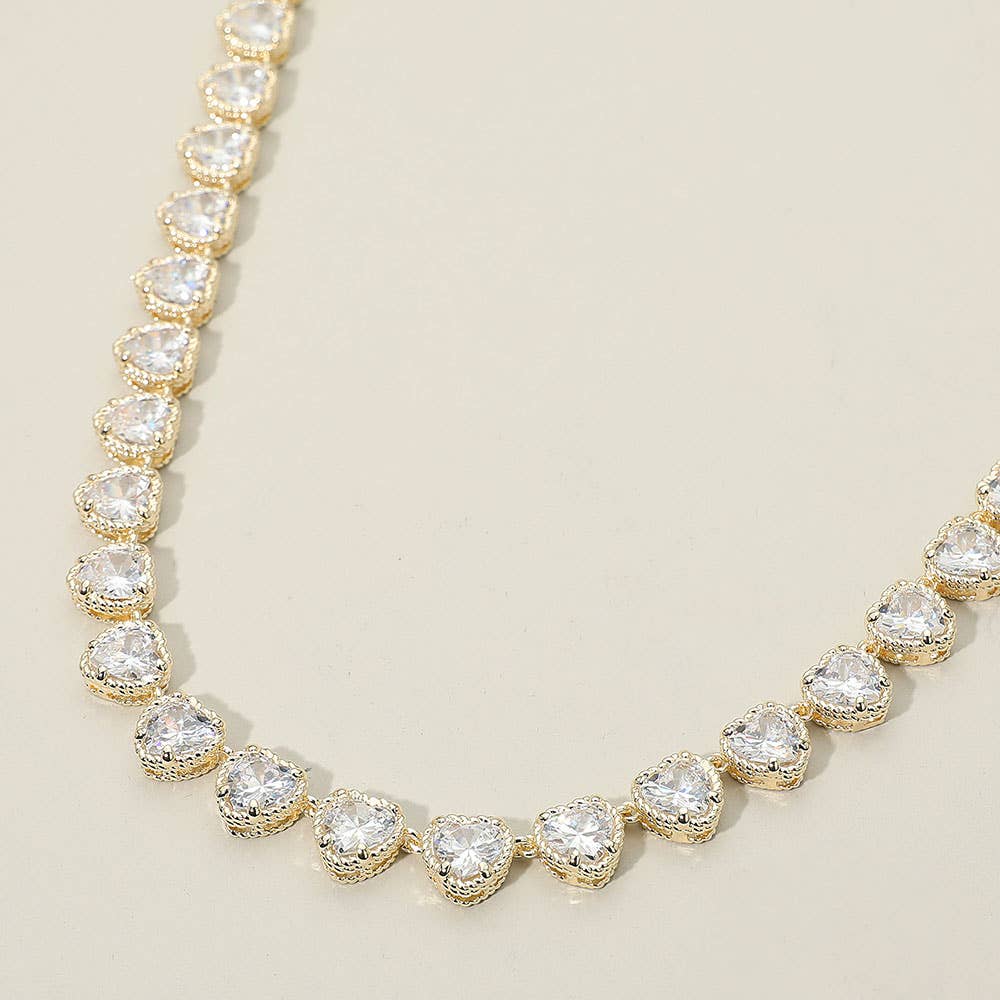 14K Gold Plated CZ Heart Stone Cluster Link Toggle Necklace
