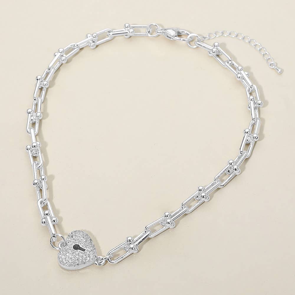 14K Gold Plated CZ Stone Paved Heart Lock Pendant Industrial Chain Link Necklace