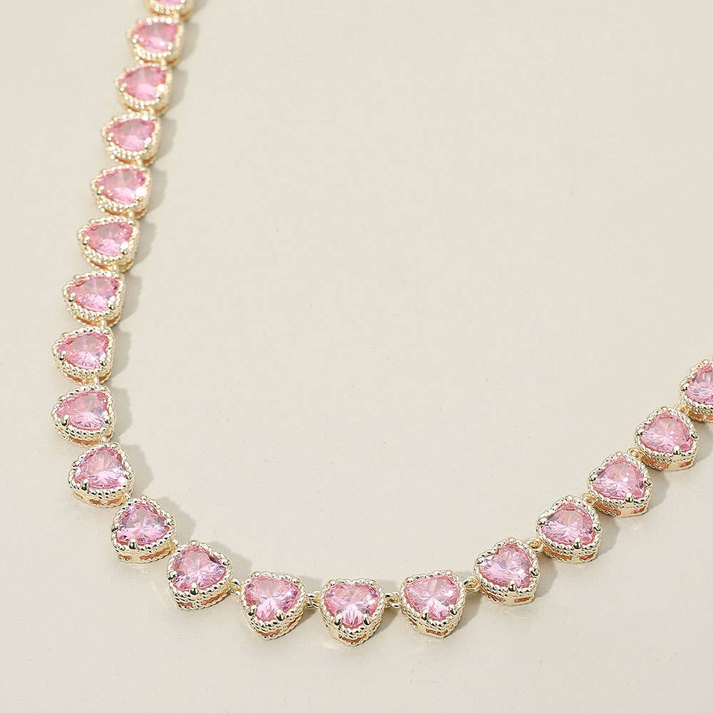14K Gold Plated CZ Heart Stone Cluster Link Toggle Necklace