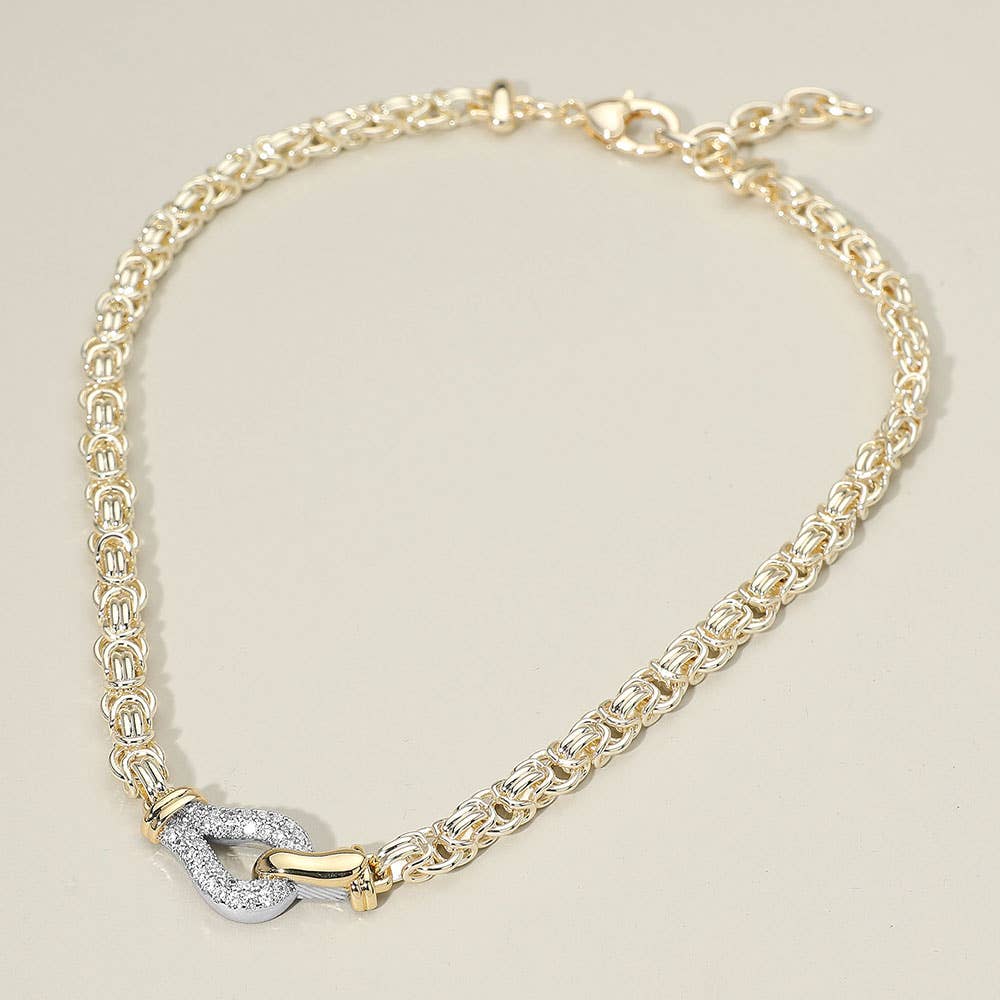 14K Gold Plated Two Tone CZ Stone Paved Loop Accent Abstract Chain Necklace