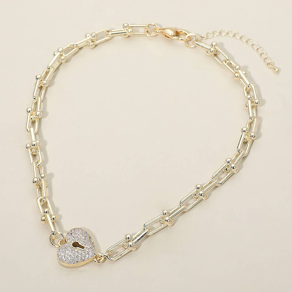 14K Gold Plated CZ Stone Paved Heart Lock Pendant Industrial Chain Link Necklace